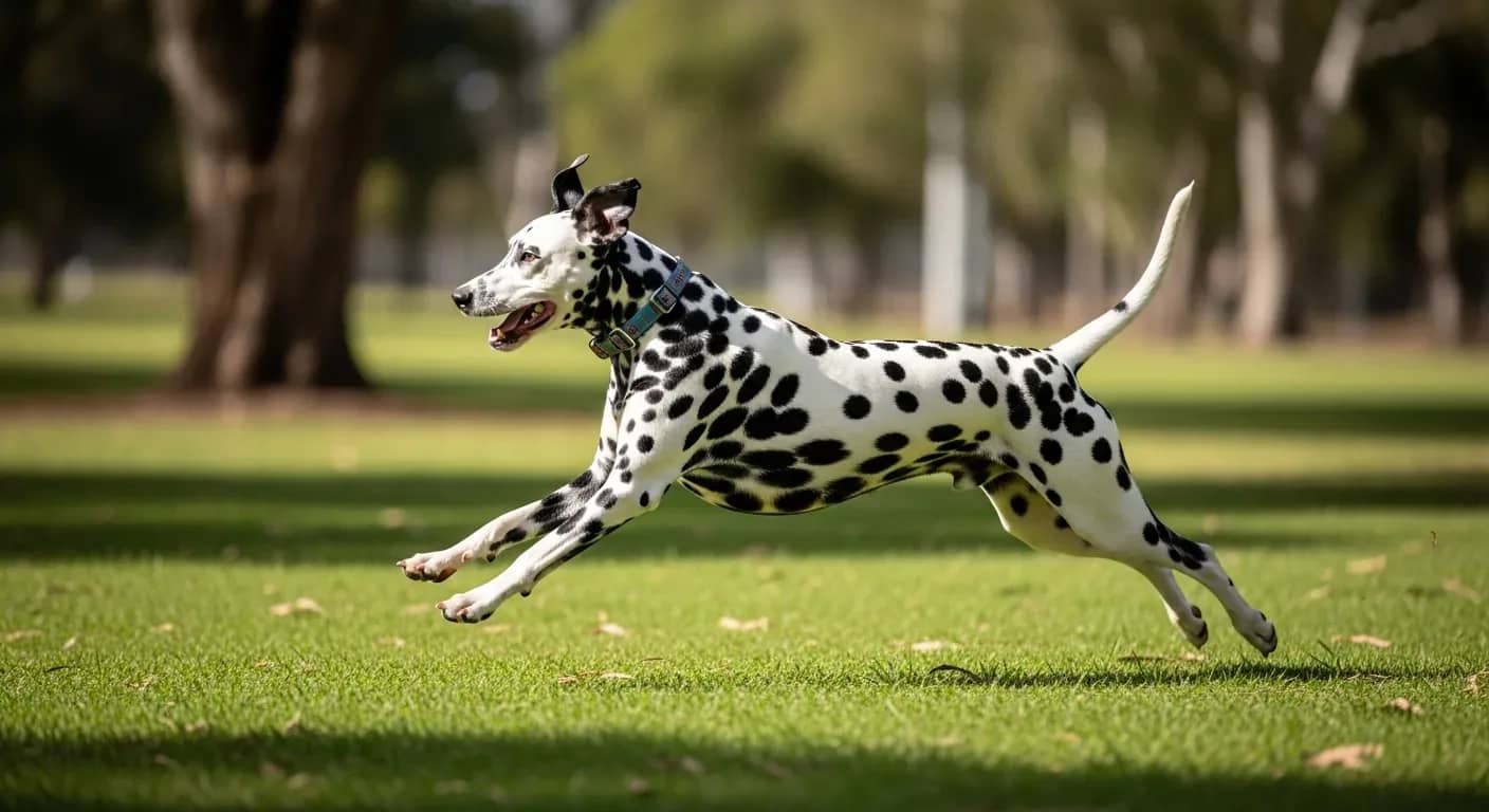 Dalmatian dog running energetically through an Australian park, showing the breed spotted coat