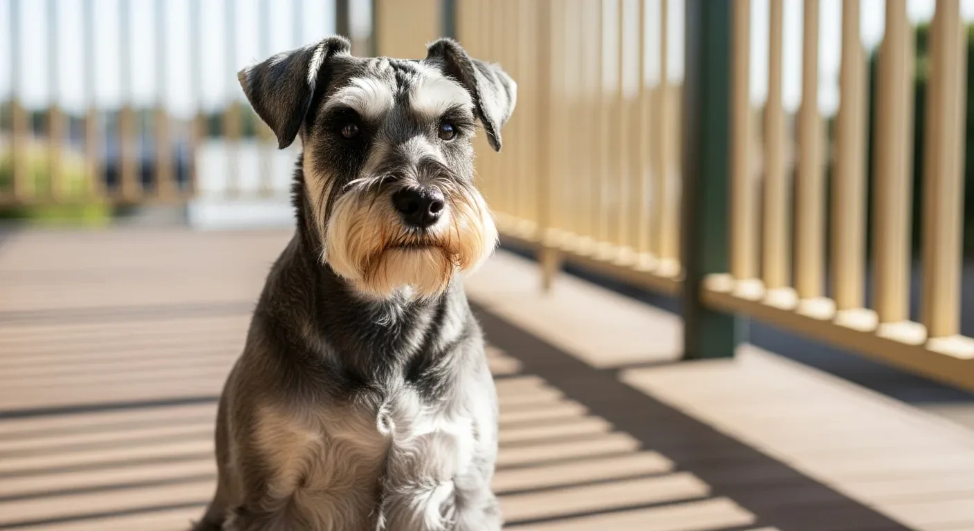 Miniature Schnauzer sitting calmly on an Australian verandah, showing settled behaviour calming supplements support