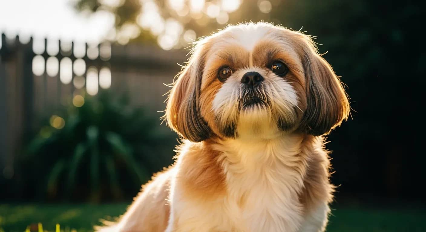 Shih Tzu dog sitting in sunny Australian backyard, illustrating joint health and mobility for Shih Tzus