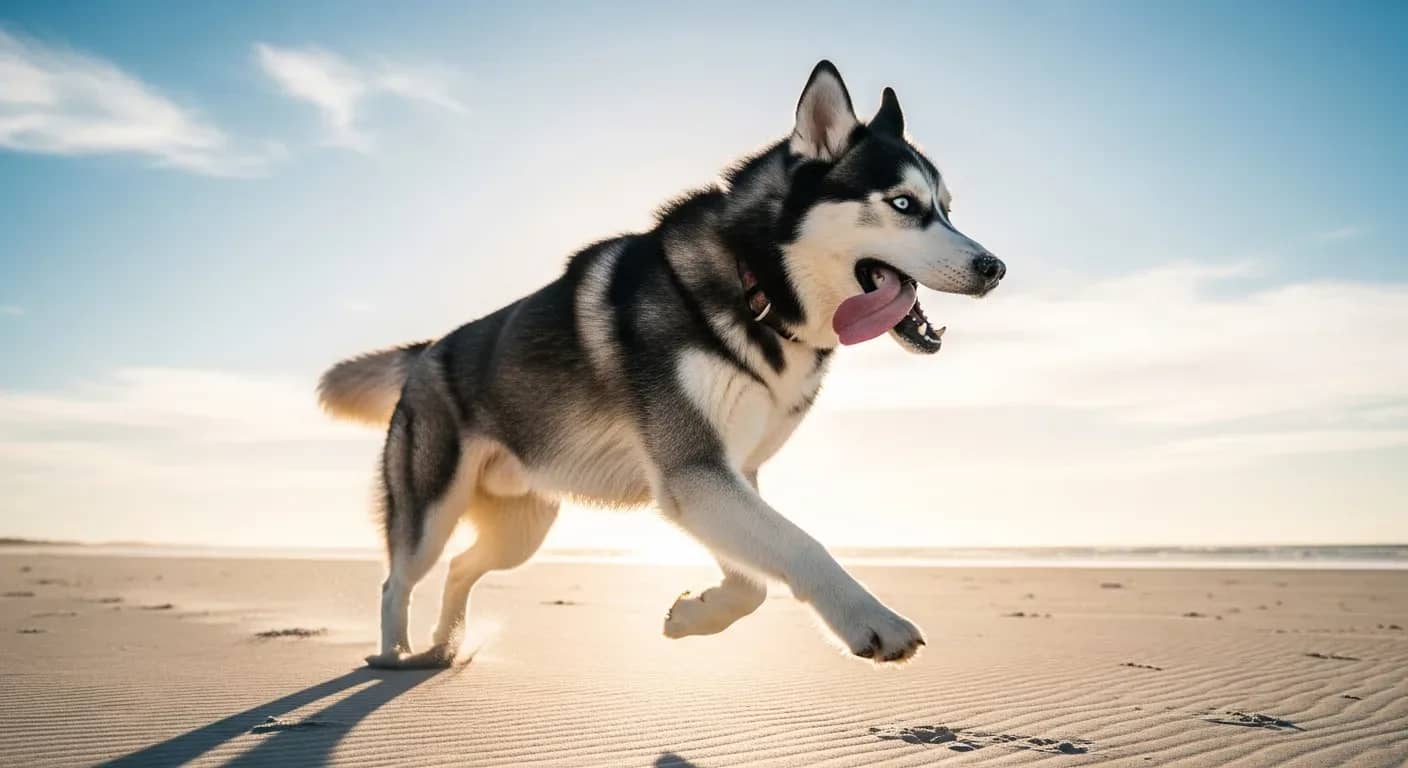 Siberian Husky running freely on an Australian beach at golden hour, showing natural energy and joy
