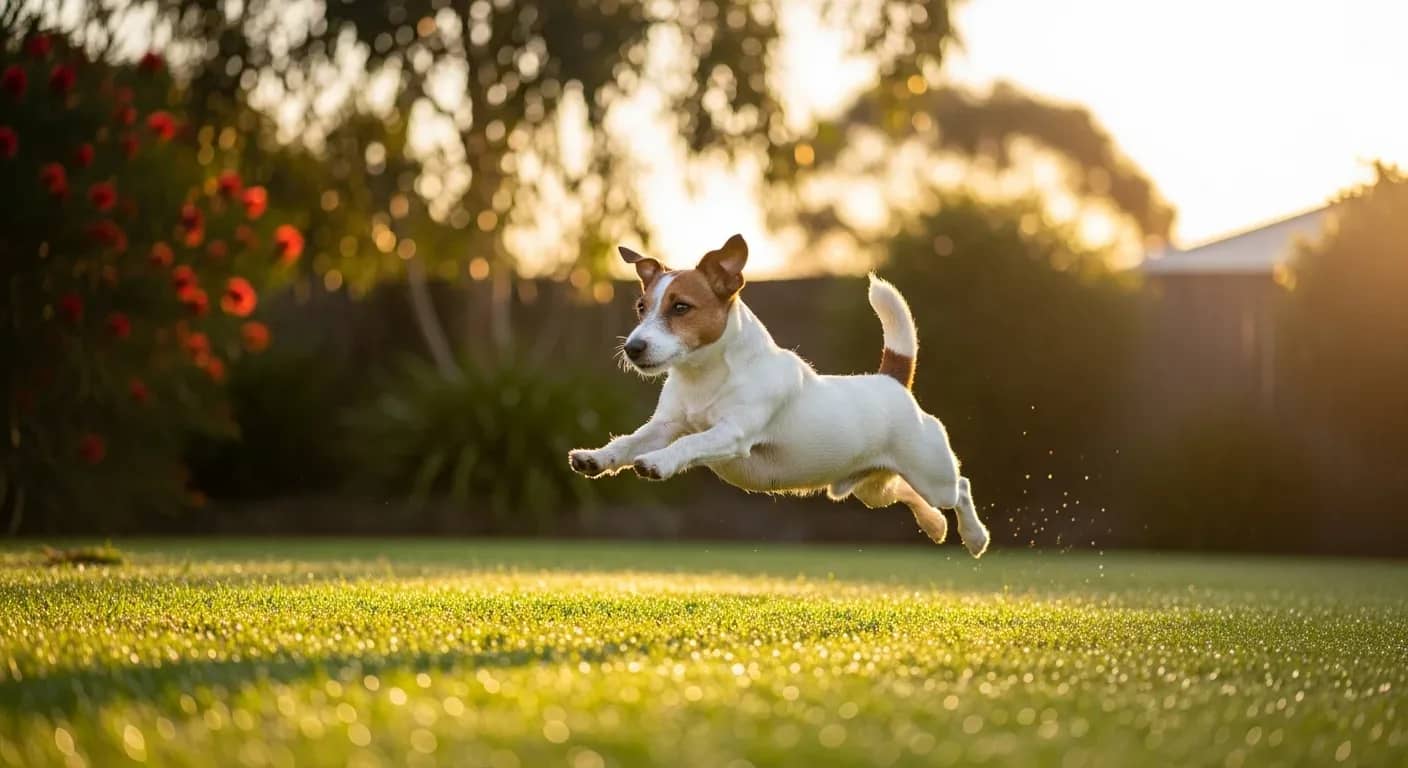 Jack Russell Terrier bounding through a sunlit Australian backyard showing the breed characteristic energy and liveliness