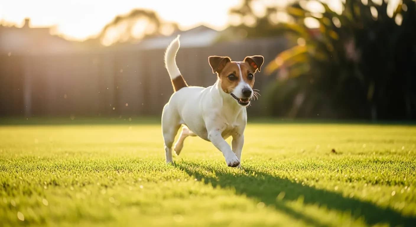 Jack Russell Terrier running energetically in an Australian backyard at golden hour, showing the breed's natural vitality