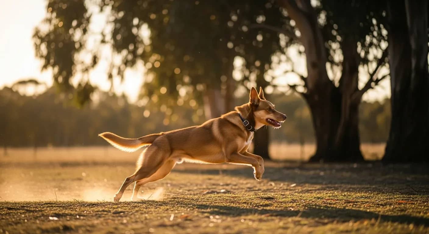 Australian Kelpie mid-stride across a sunlit paddock illustrating working dog joint stress