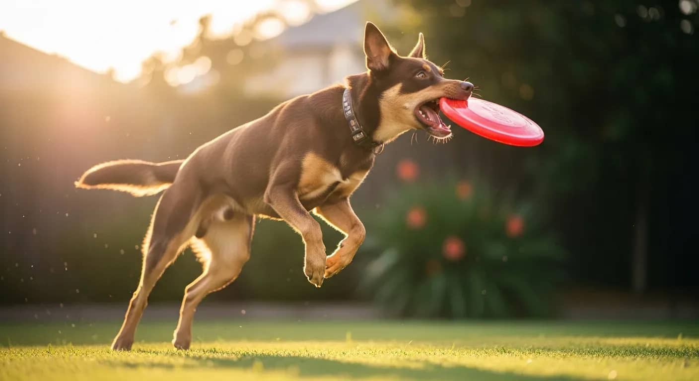 Australian Kelpie leaping to catch a frisbee in a sunny backyard, showing the active lifestyle that makes daily gut health support important