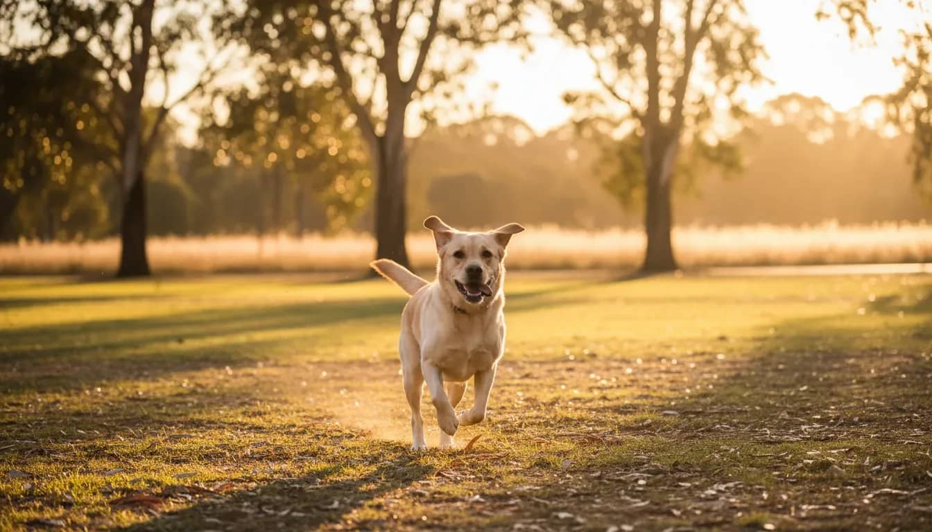 Happy golden Labrador running through an Australian park at golden hour showing active mobility from joint support