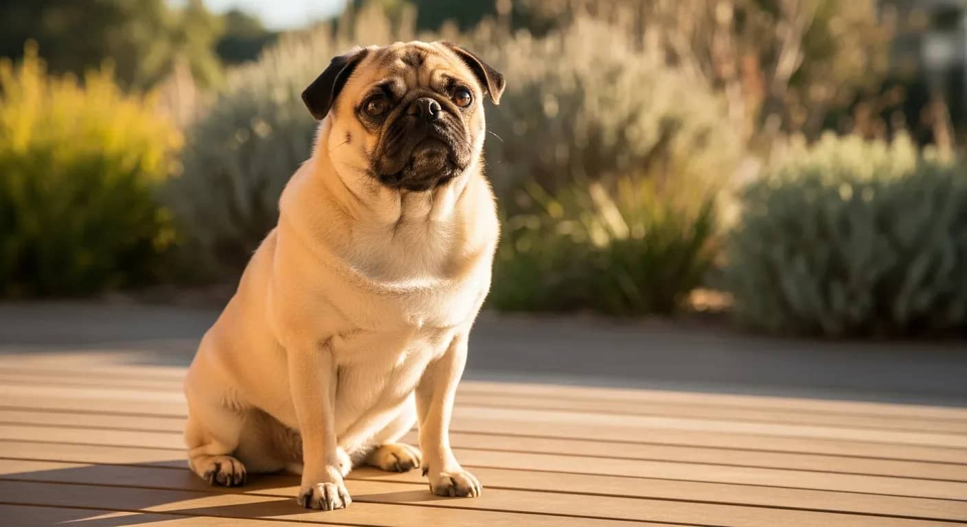 Pug sitting alert on a sunny Australian verandah, calm and curious expression illustrating daily calming routine