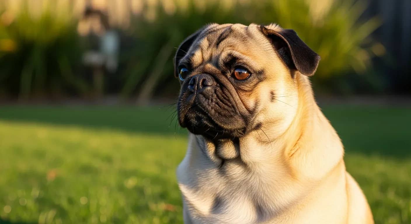Pug sitting attentively in a sunny Australian backyard showing joint health and wellbeing