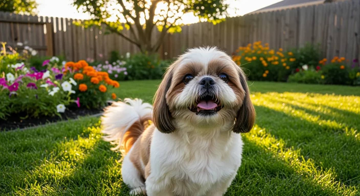 White and gold Shih Tzu sitting calmly in a sunlit Australian backyard, illustrating calming supplement support for Shih Tzus