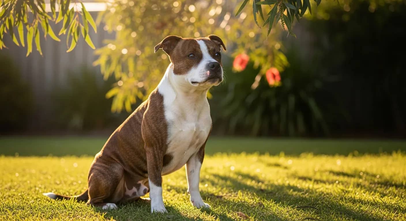 Staffordshire Bull Terrier in a sunny Australian backyard showing the breed characteristic confident expression