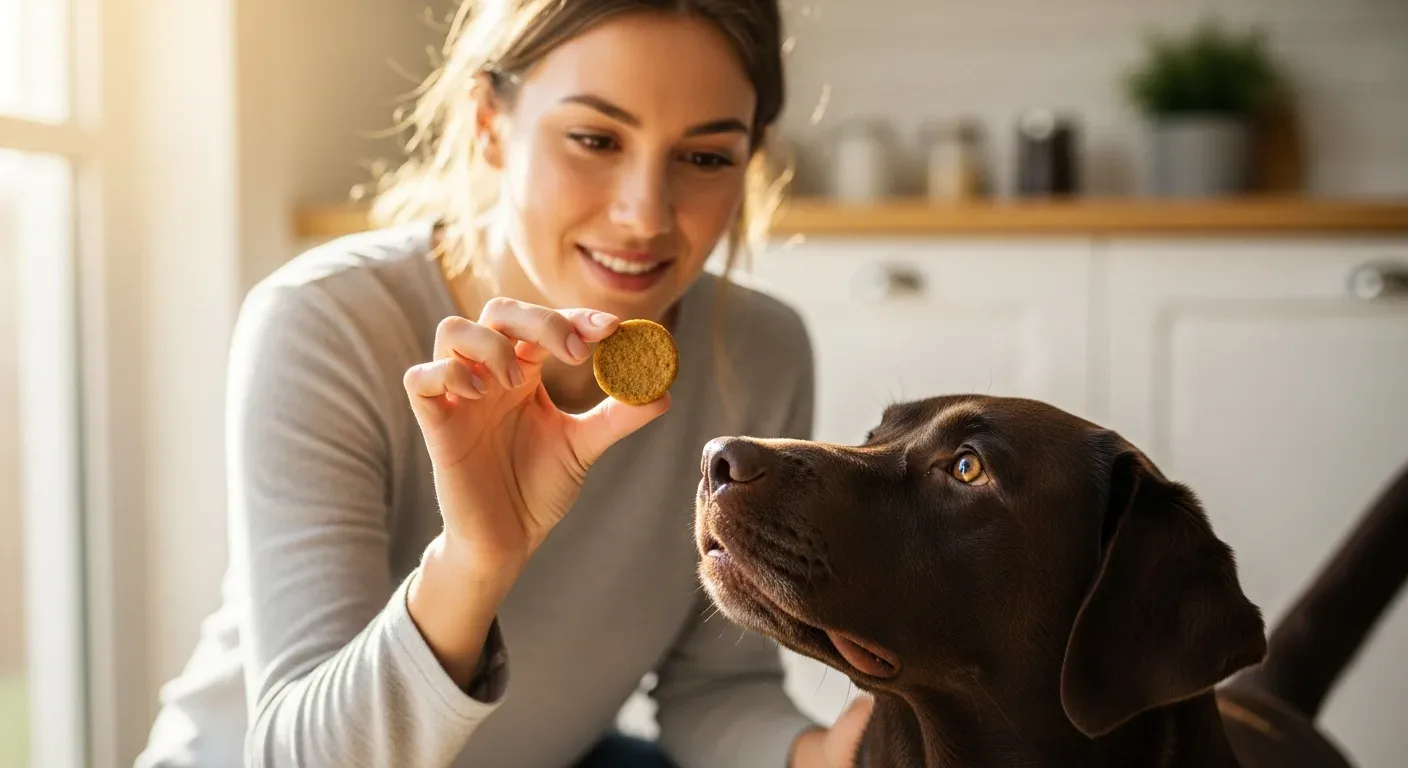 Owner offering a probiotic chew to a chocolate labrador in a bright kitchen