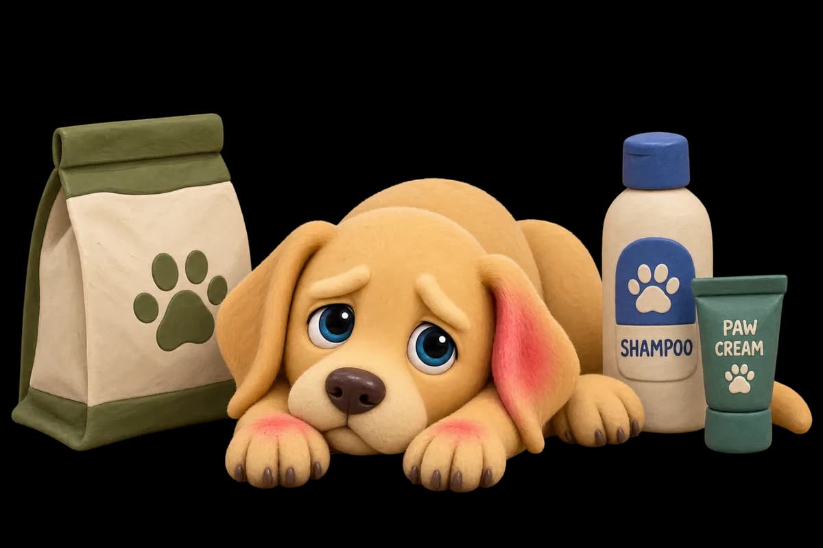 A sad puppy lying between a bag of new food, a shampoo bottle and a paw cream tube