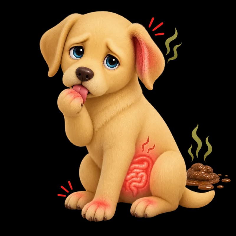 A puppy licking a sore paw, with a red ear, an upset gut and runny poo