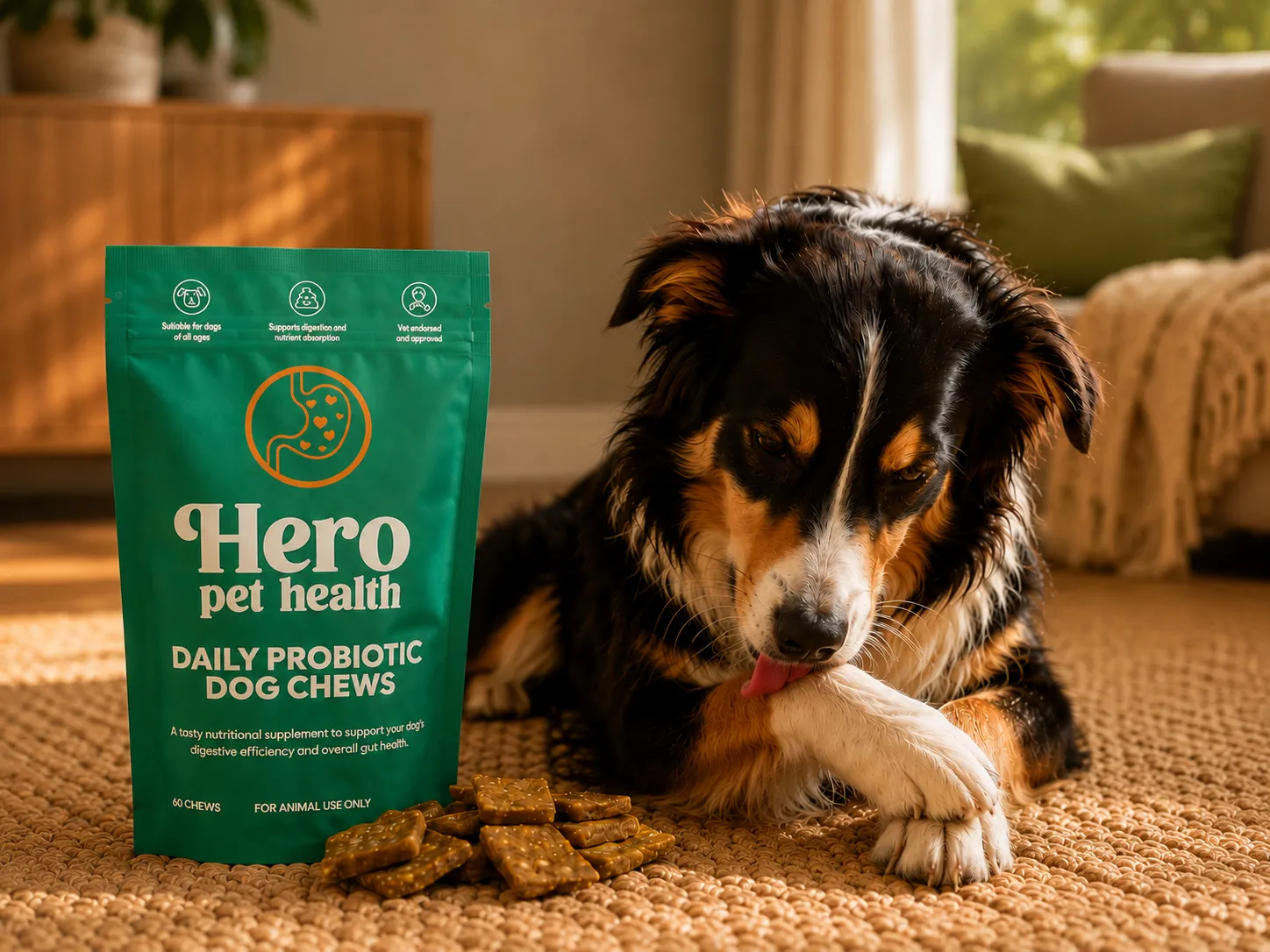 Dog licking its paw beside a pack of Hero Probiotic Chews