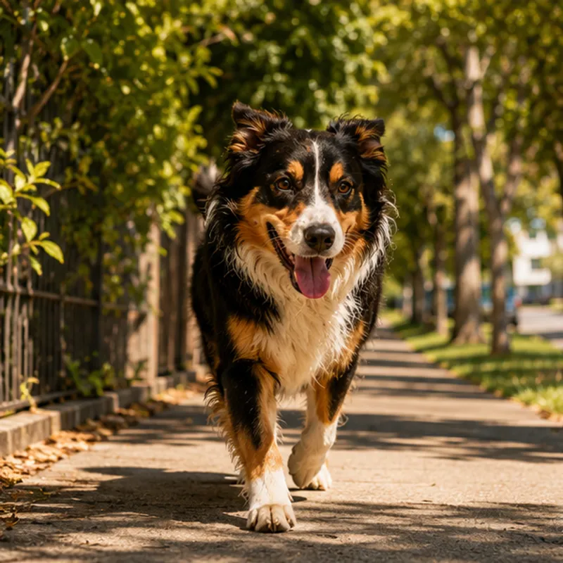 Dog out on a walk on a bright day
