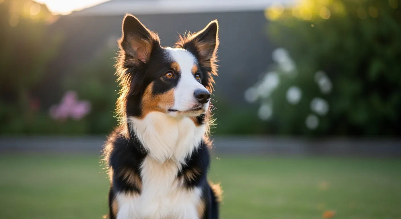 Border Collie sitting attentively in an Australian backyard, calm and focused, illustrating calming supplement support for an anxiety-prone breed