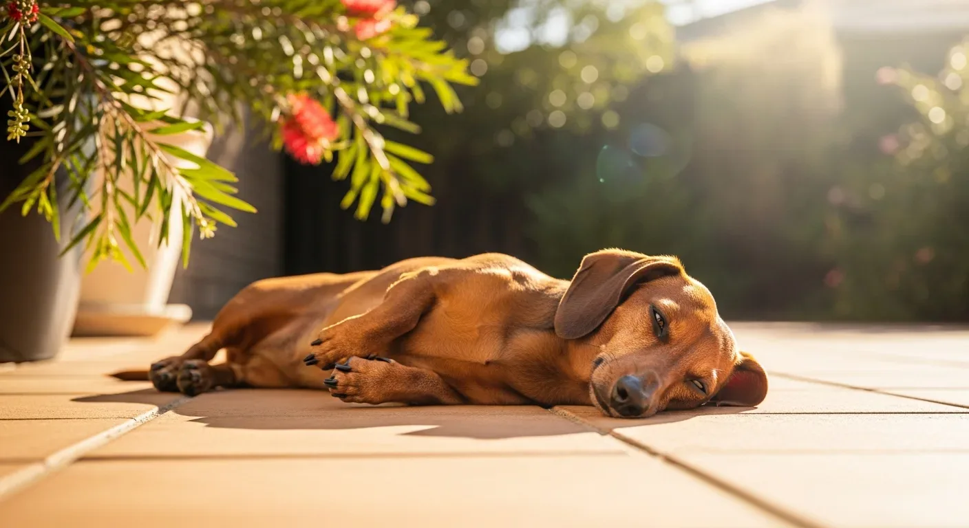 Miniature dachshund relaxing calmly in an Australian backyard, illustrating the calm that comes with daily supplement support