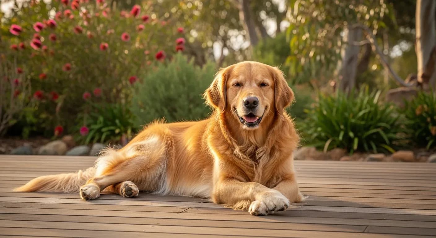 Golden Retriever resting calmly on an Australian backyard deck illustrating calming supplement support for dogs