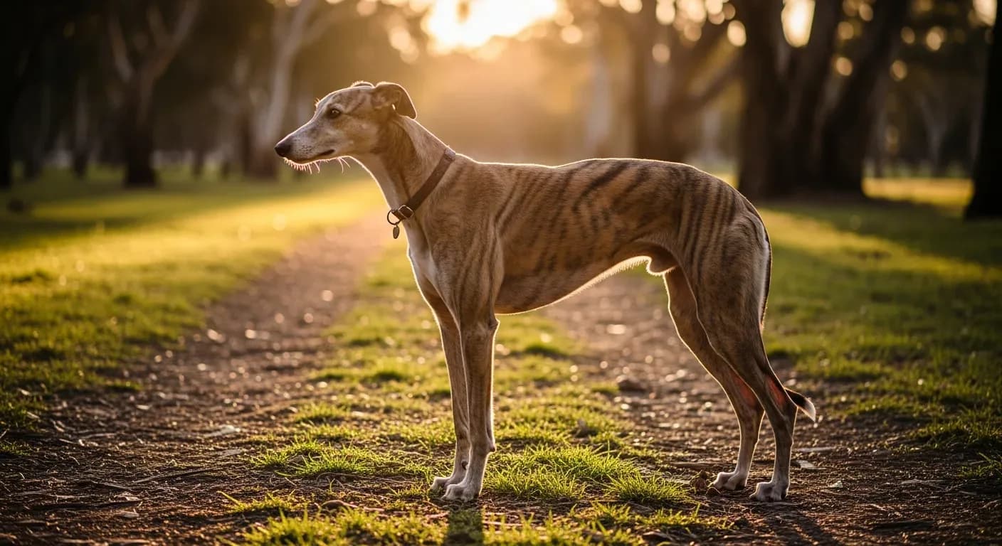 Greyhound standing gracefully on a grassy Australian park path, calm and noble, showing lean athletic build