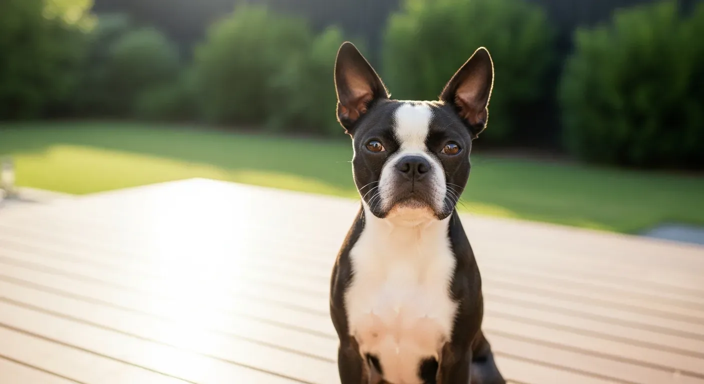 Boston Terrier sitting alert on a sunny backyard deck, illustrating daily probiotic support