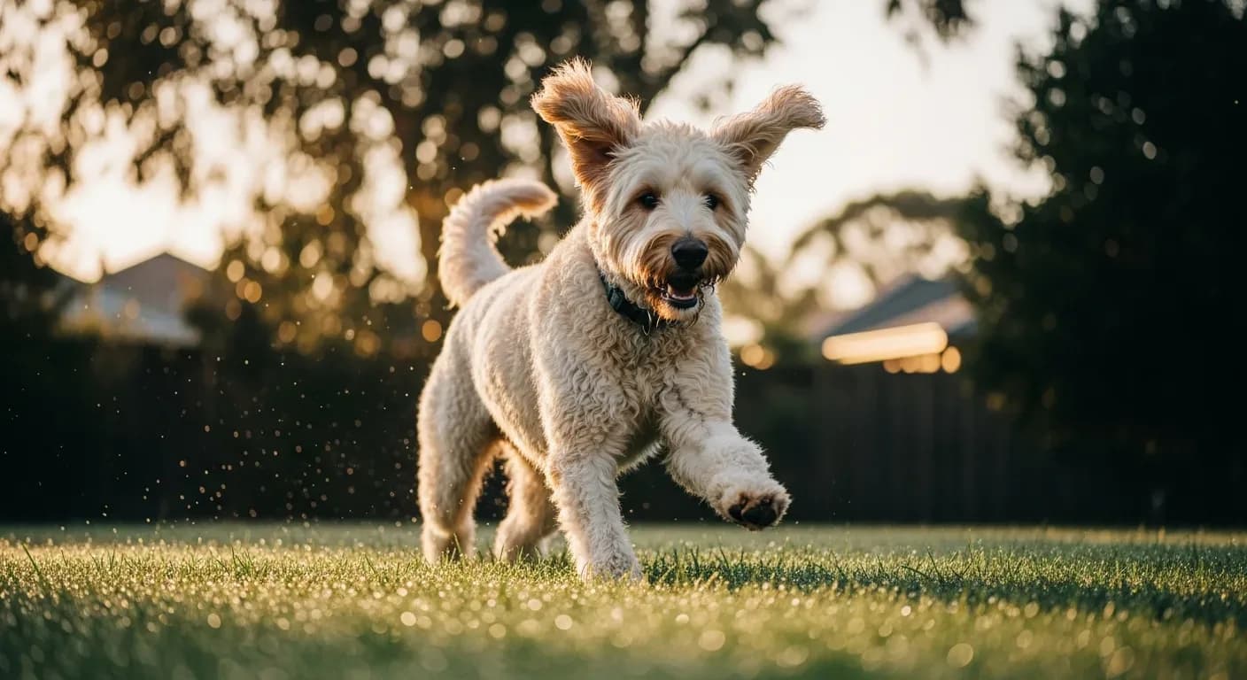 Labradoodle running through Australian backyard grass illustrating active joint health support