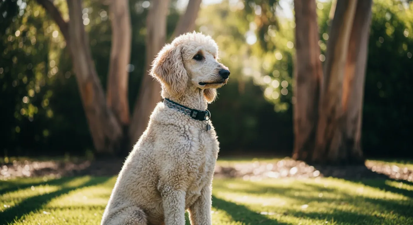 Standard Poodle sitting calmly in a sunlit Australian backyard supporting calm behaviour with daily supplements