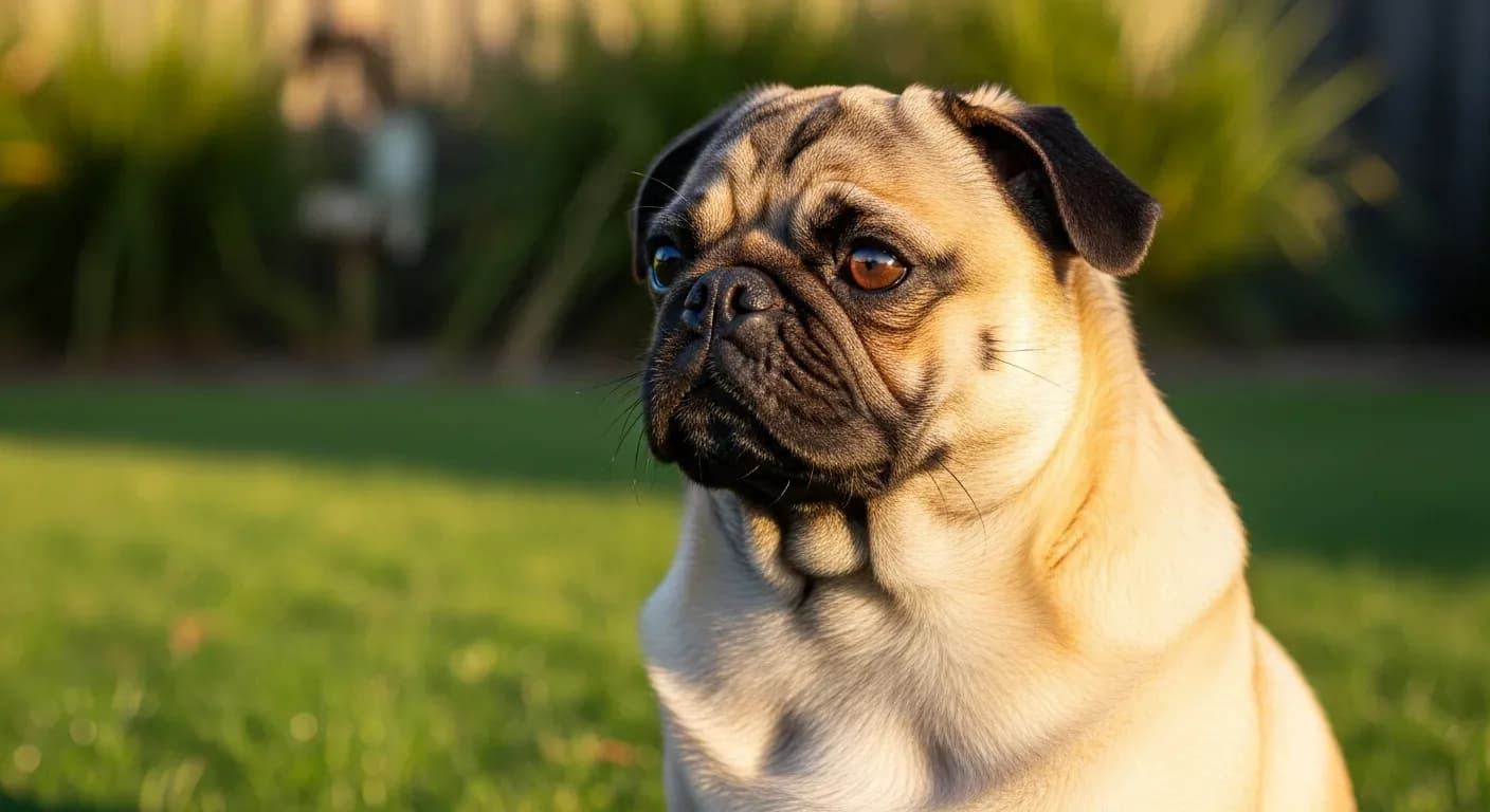 Pug sitting attentively in a sunny Australian backyard showing joint health and wellbeing