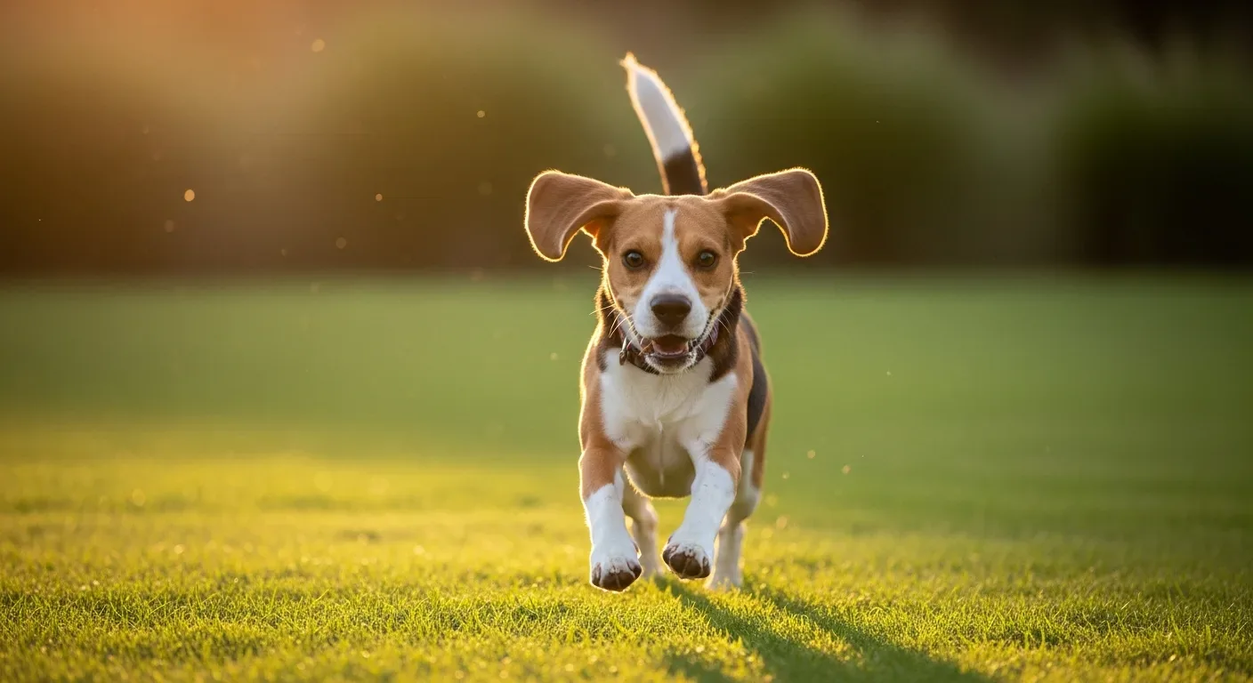 Beagle running through an Australian park at golden hour