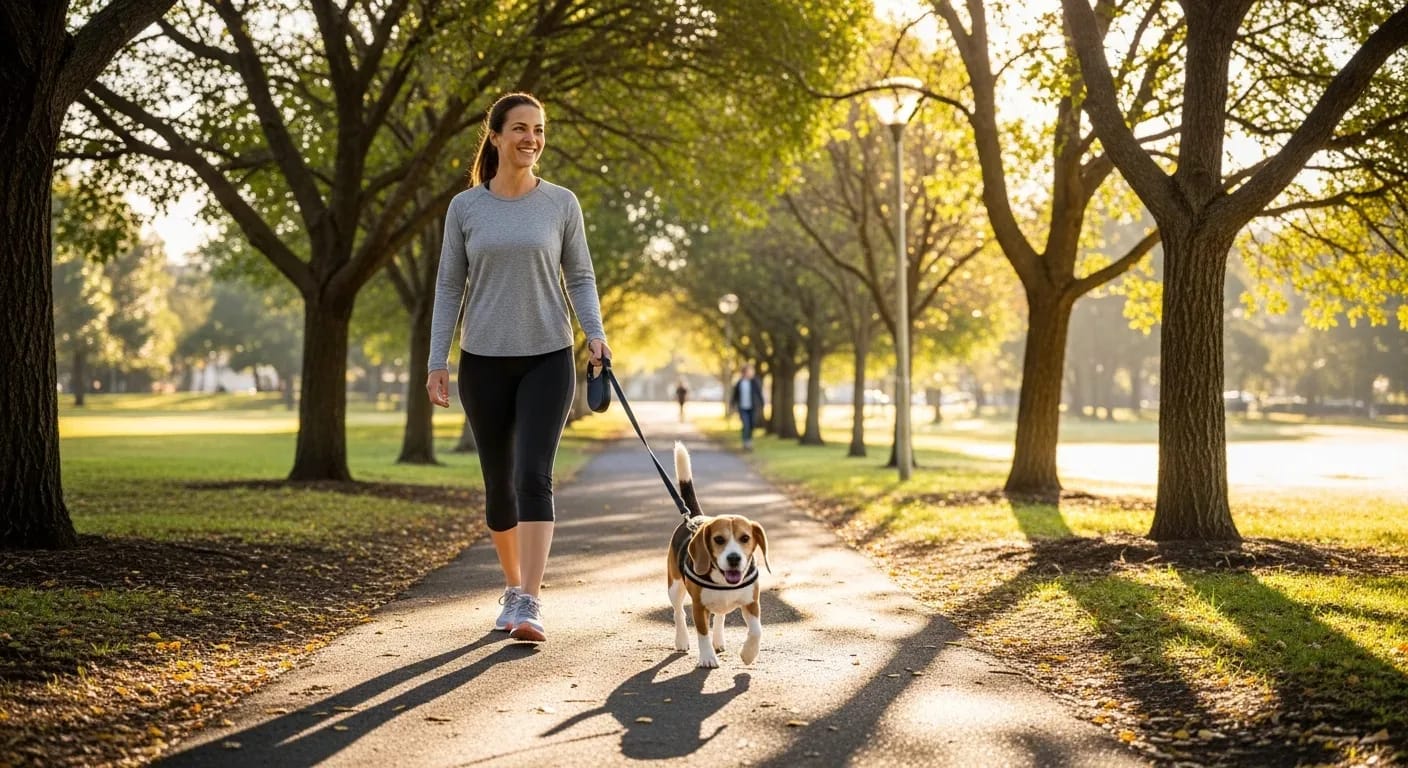 Australian woman walking her Beagle on a leash in a sunny park demonstrating daily exercise for a long healthy Beagle lifespan
