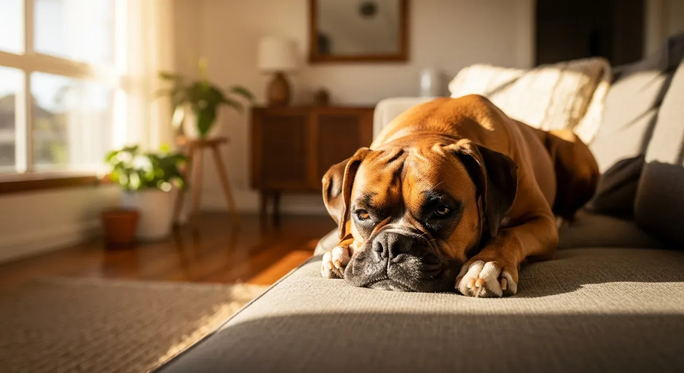 Boxer dog resting peacefully on a couch in a warm living room, illustrating calm settled behaviour calming supplements can support
