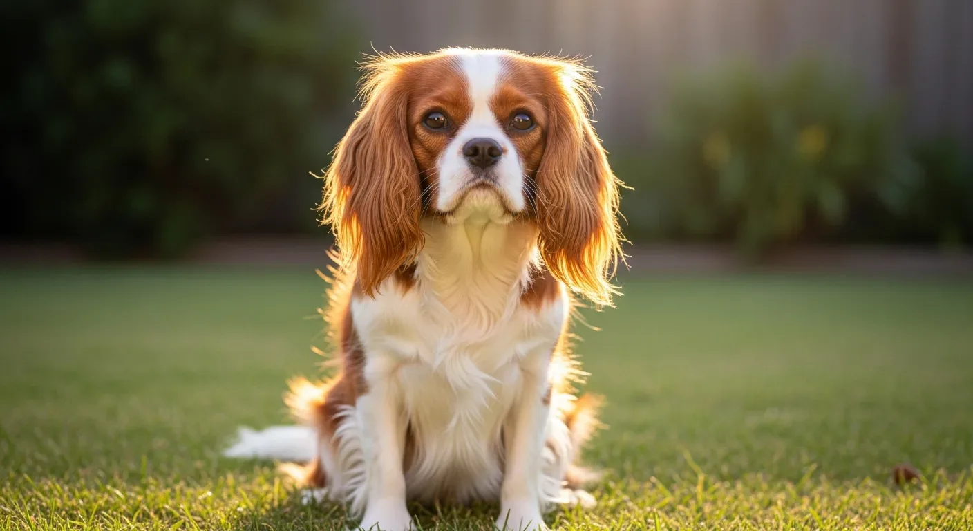 Cavalier King Charles Spaniel sitting on a sunny Australian backyard lawn