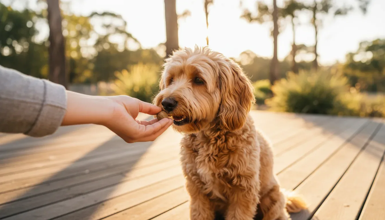 Cavoodle dog on Australian backyard deck being offered a probiotic chew by its owner, golden hour light