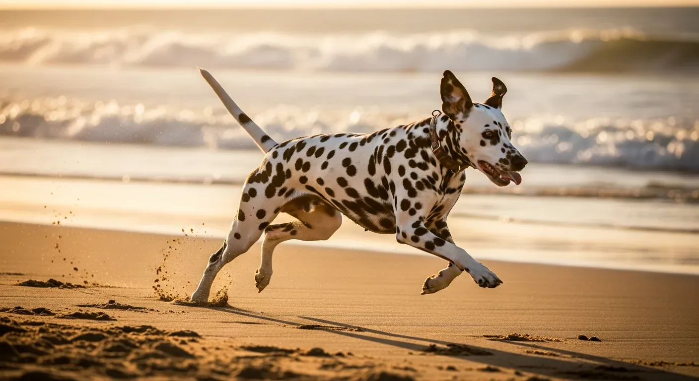 Dalmatian running along an Australian beach at golden hour, healthy and energetic