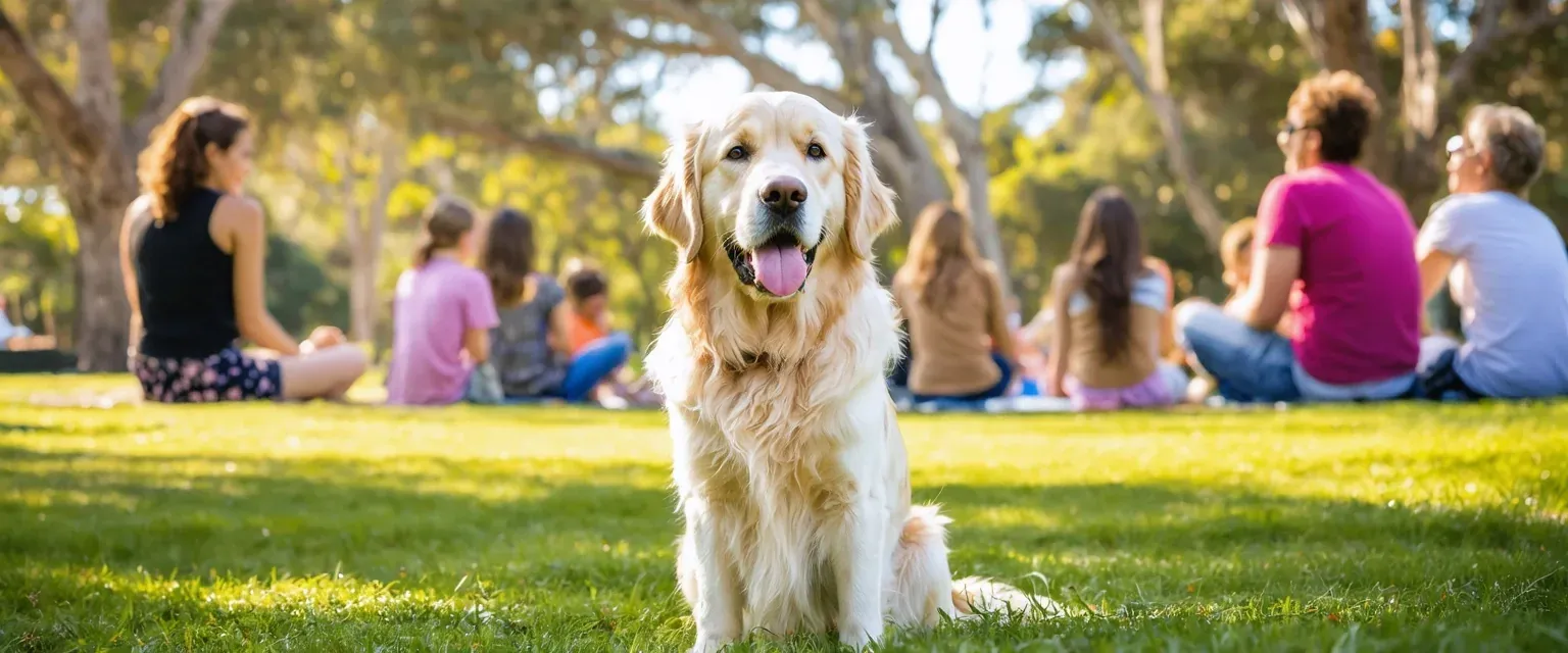 Adult Golden Retriever sitting calmly in a park setting with various people nearby, demonstrating successful socialization and confident body language