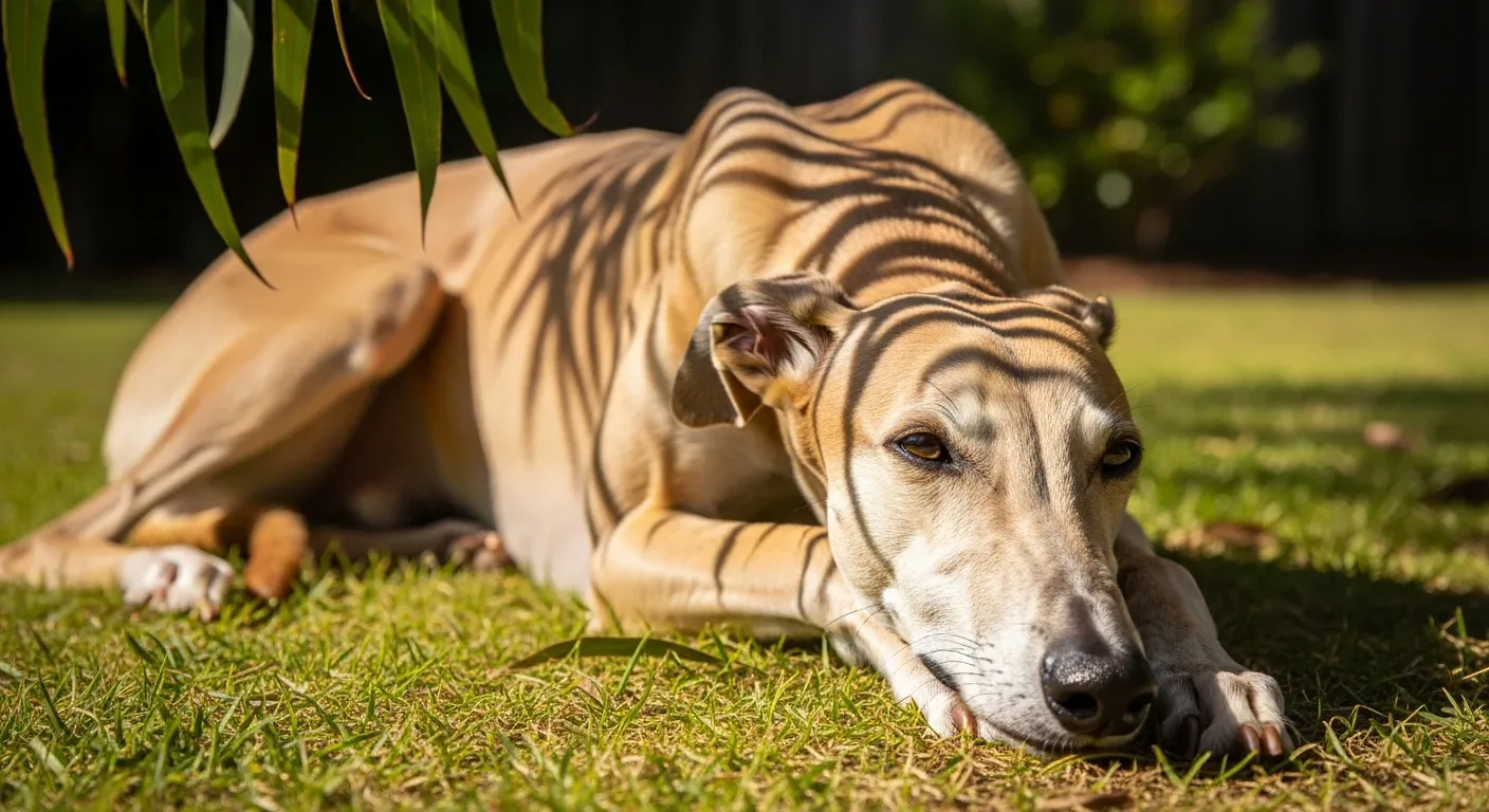 Greyhound resting peacefully in sunny Australian backyard showing the breeds calm gentle nature and lifespan