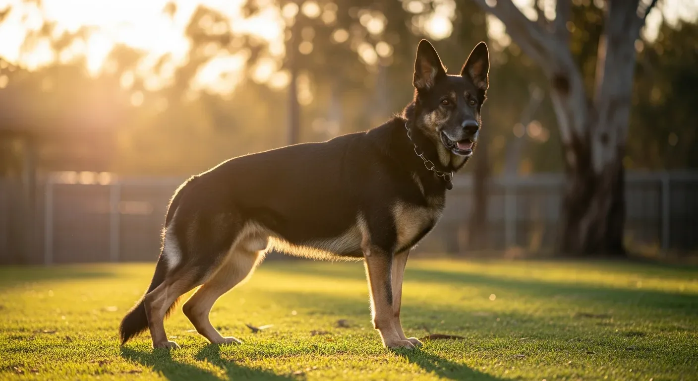 German Shepherd standing alert in an Australian backyard, illustrating joint health support for this active breed
