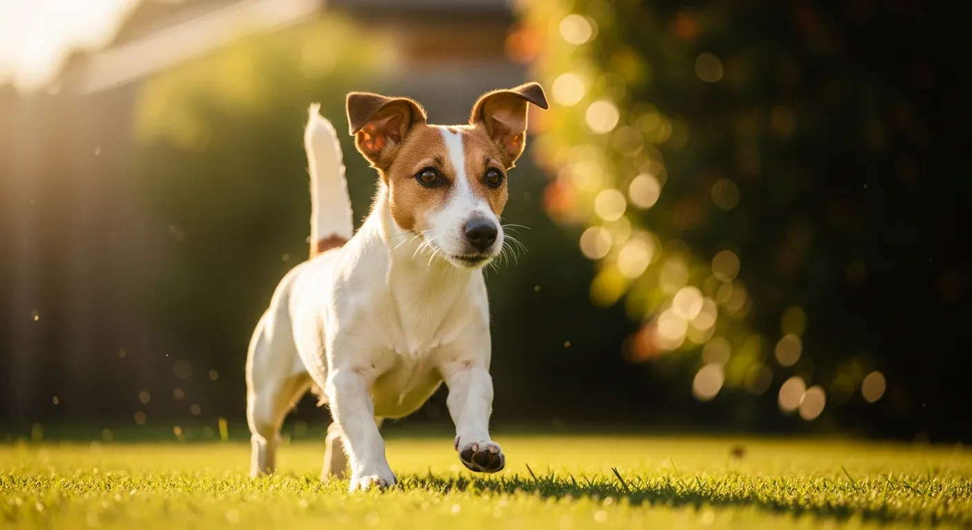 Adult Jack Russell Terrier running across sunny Australian backyard at golden hour, illustrating active joint health