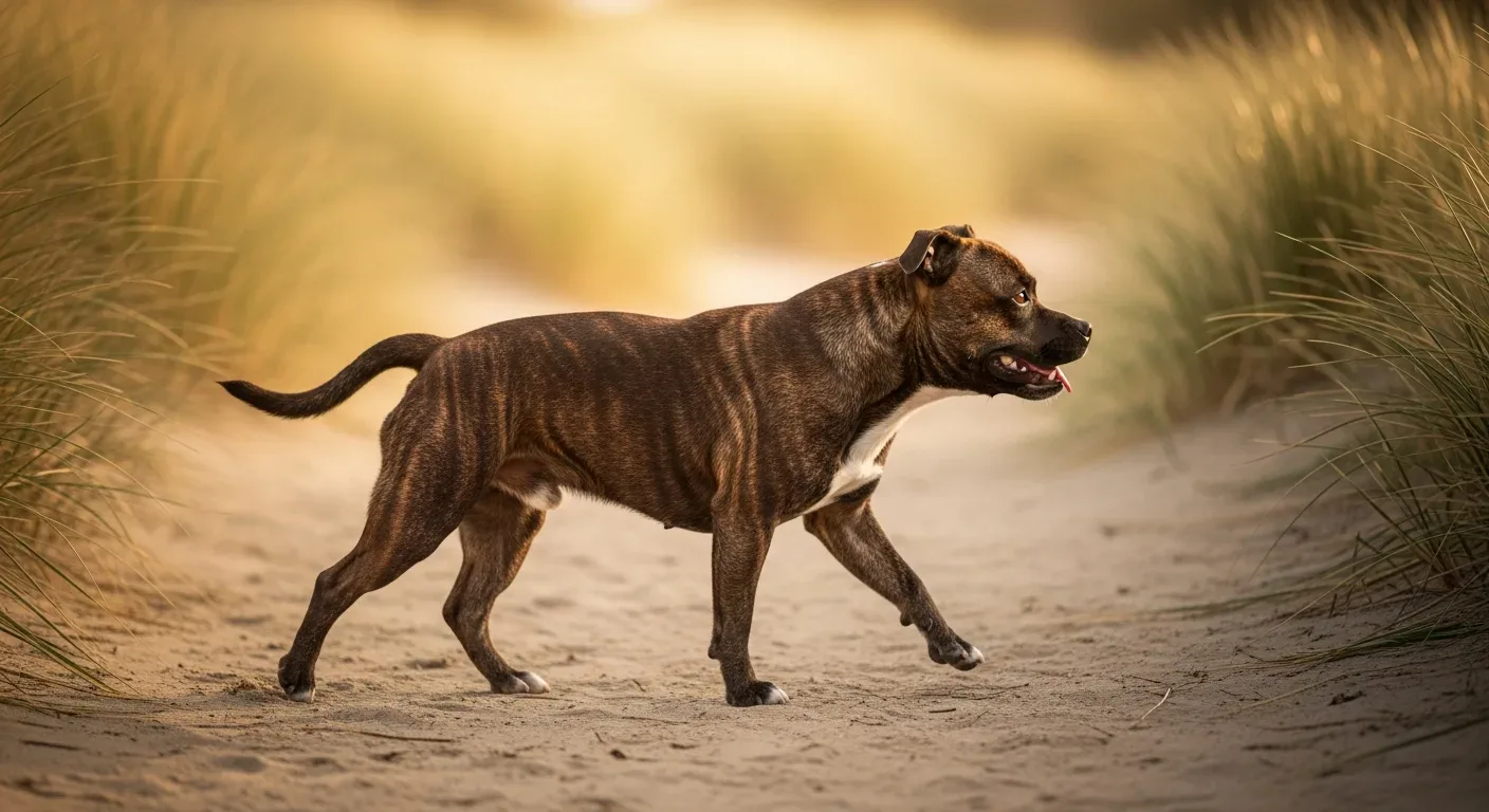 Brindle Staffordshire Bull Terrier walking on an Australian beach path, illustrating daily mobility supported by joint supplements