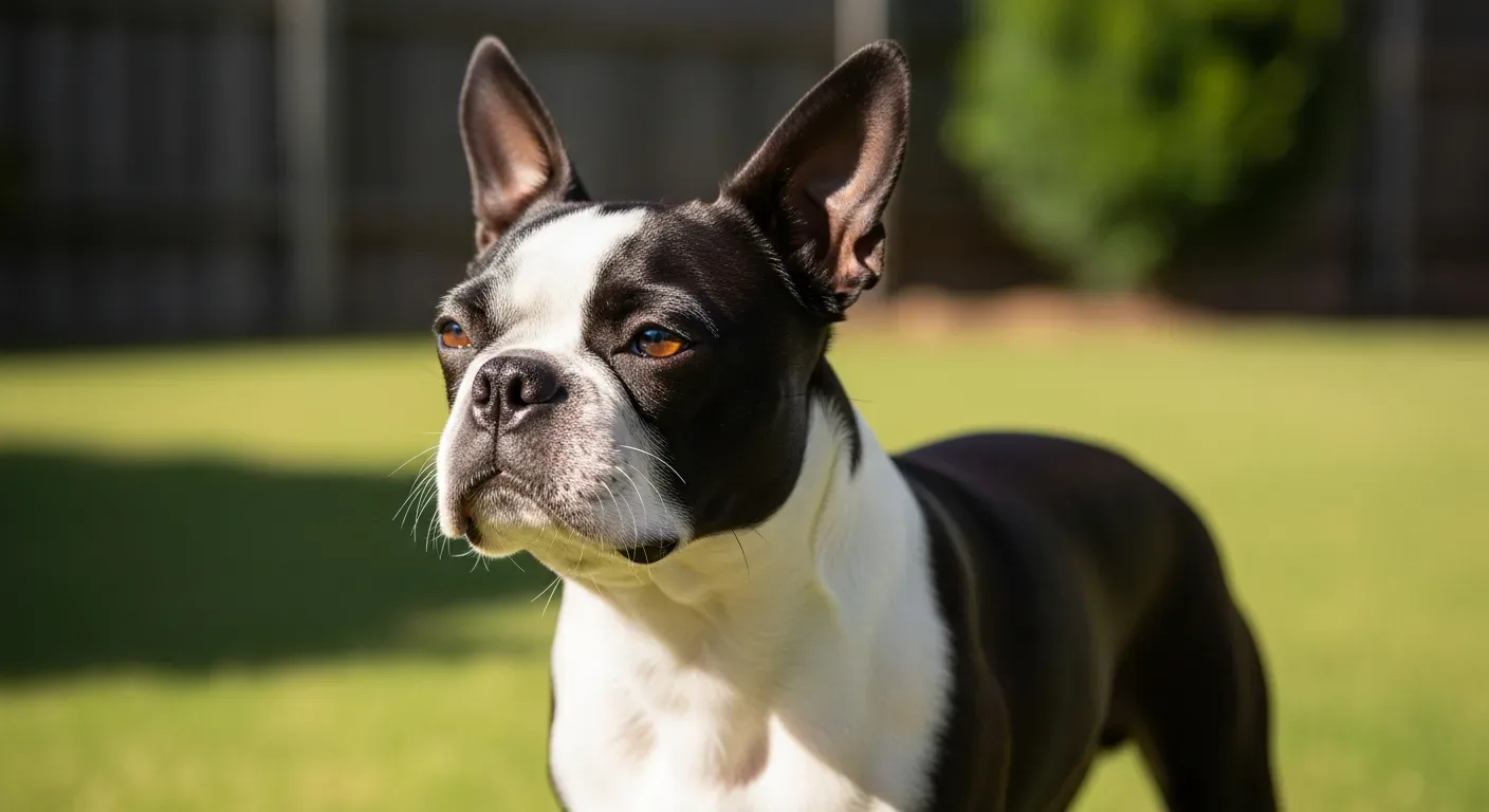 Boston Terrier in sunny Australian backyard illustrating breed lifespan