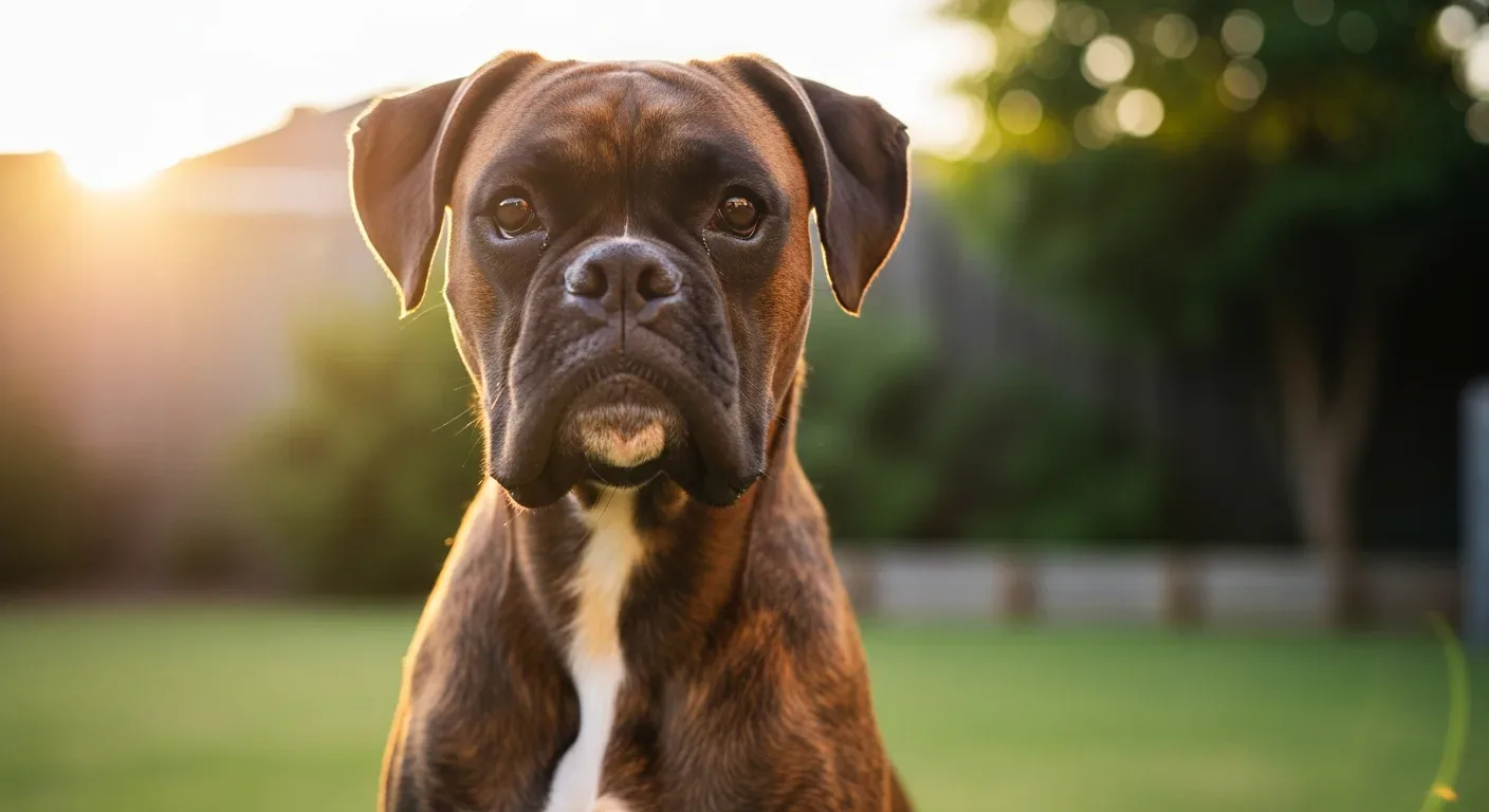 Brindle Boxer dog sitting attentively in a sunny Australian backyard, showing the breeds characteristic energy and vitality