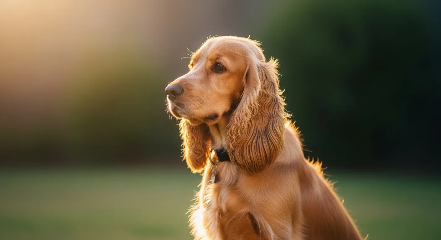English Cocker Spaniel with golden coat sitting in sunny Australian backyard
