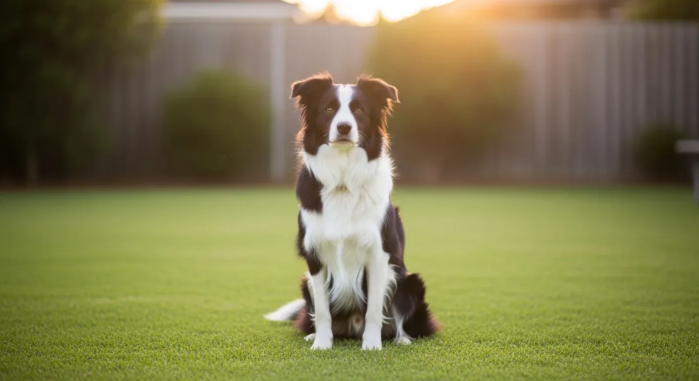 Border Collie sitting in sunny Australian backyard, representing Border Collie lifespan and healthy living