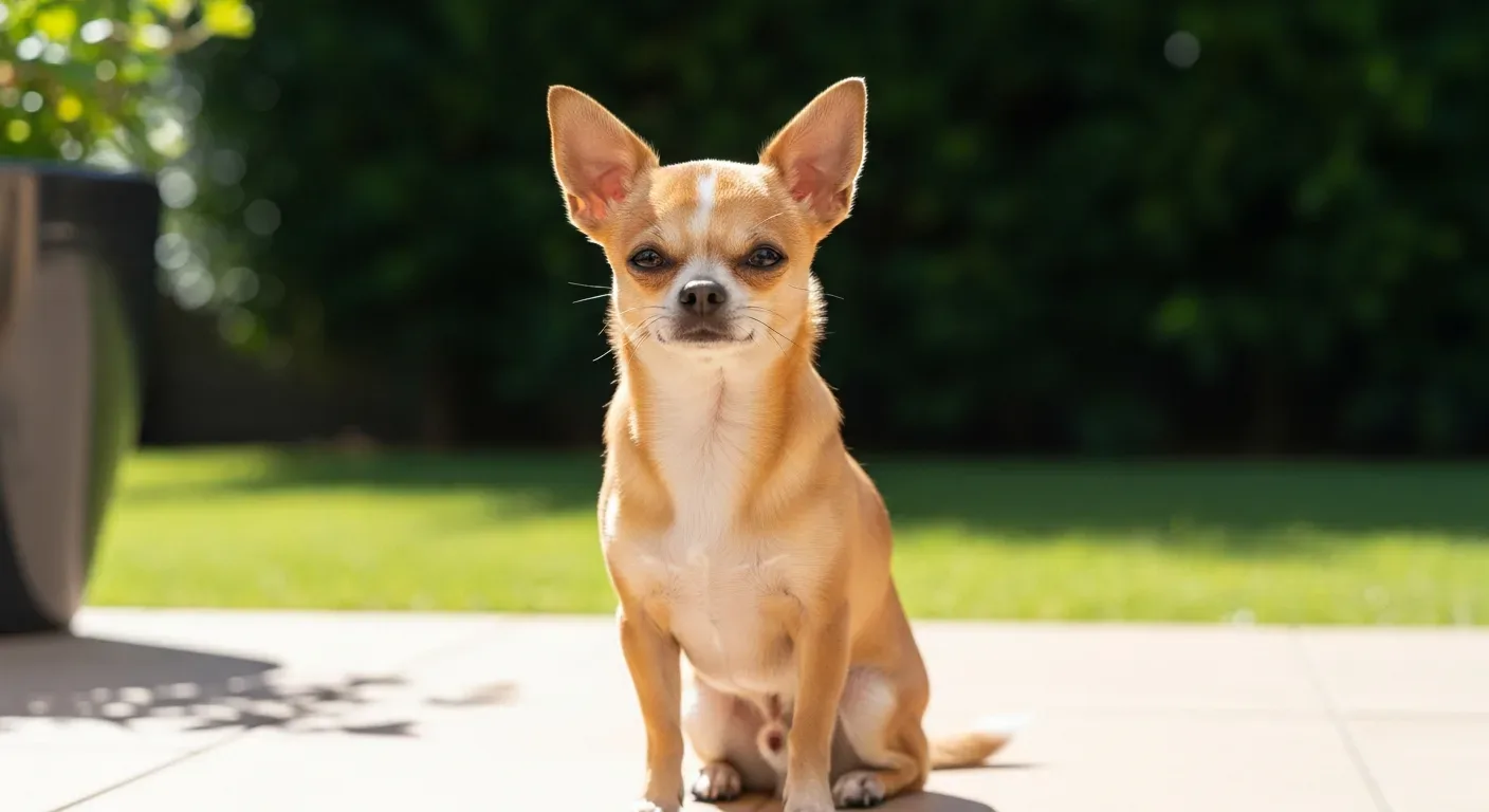 Chihuahua sitting alertly on a sunny Australian patio, healthy and happy