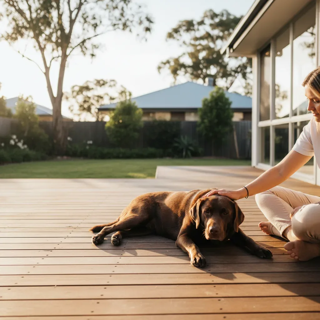 Chocolate Labrador resting on deck with owner, calming supplement support for anxious Labradors Australia
