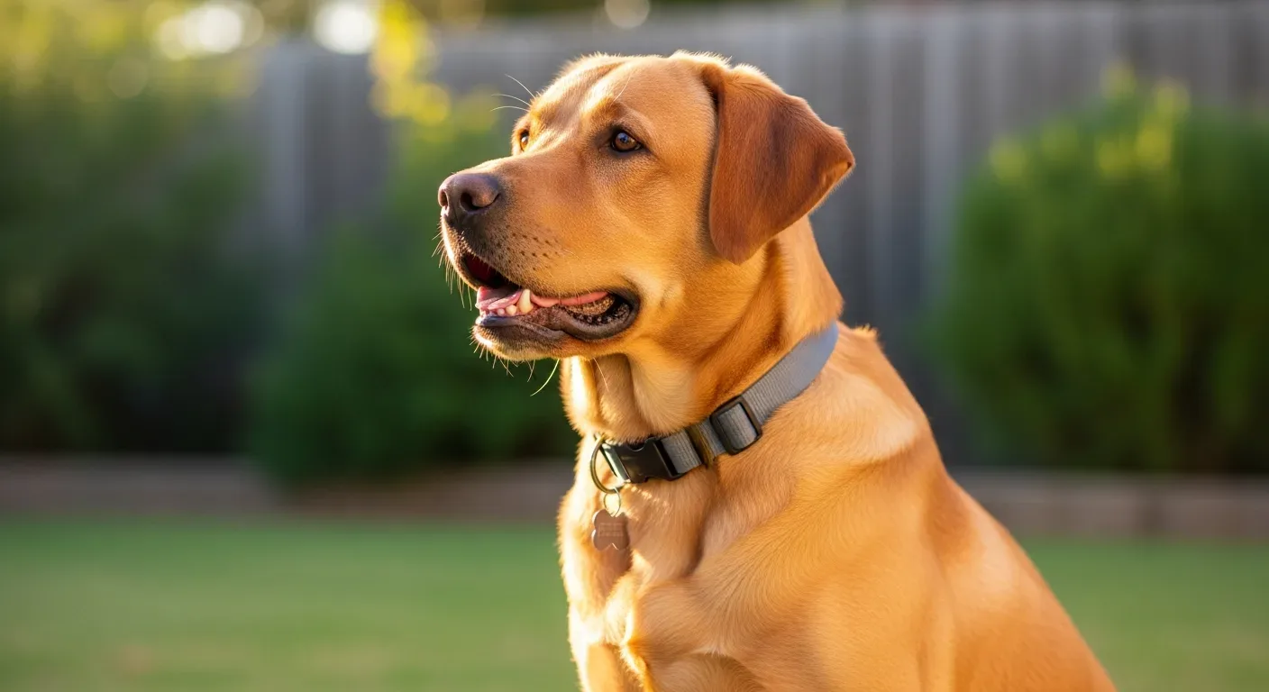 Labrador Retriever sitting in sunny Australian backyard showing healthy coat and alert expression
