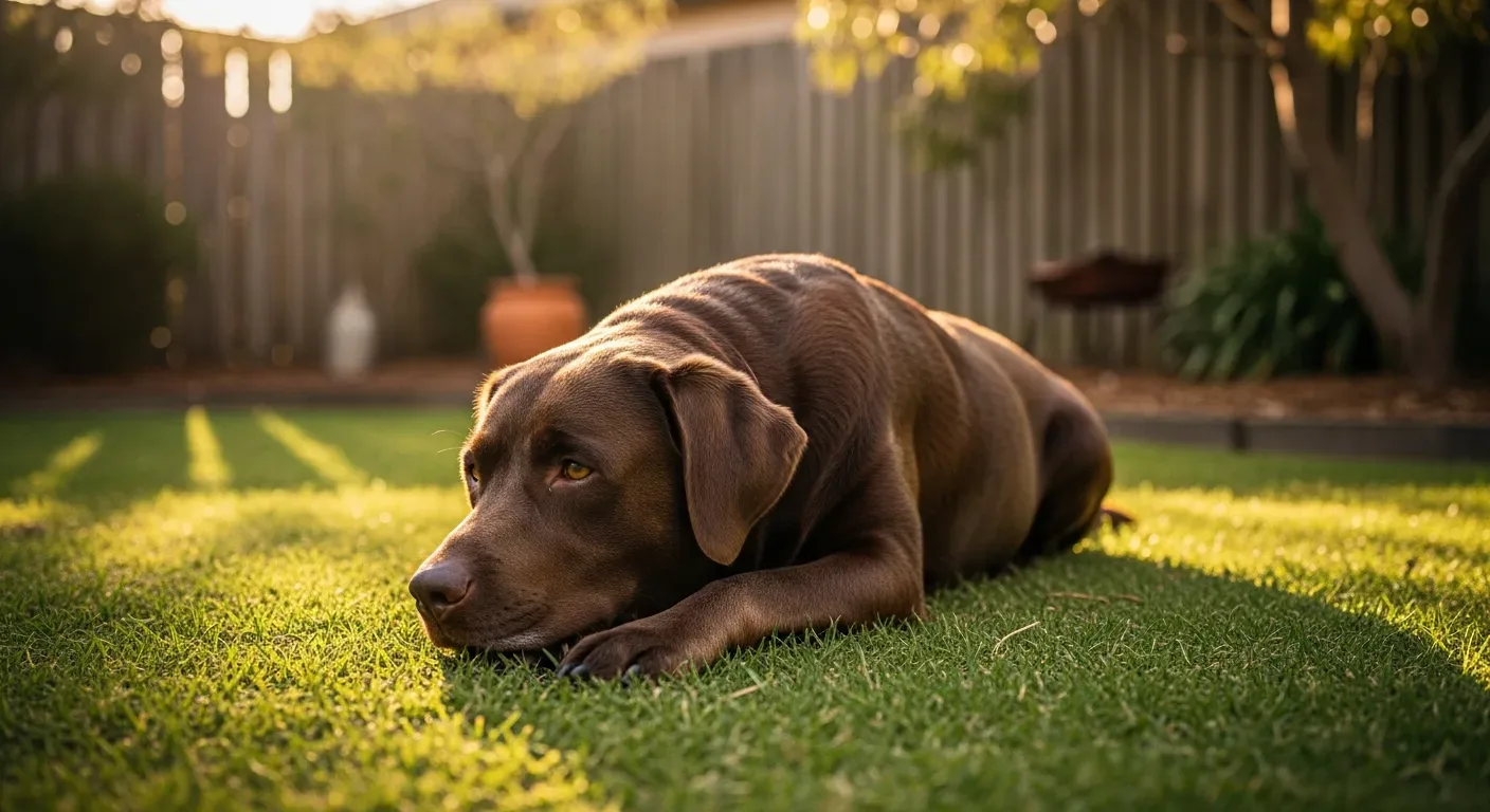 Chocolate Labrador Retriever resting calmly in a sunny Australian backyard, supporting daily calming supplements