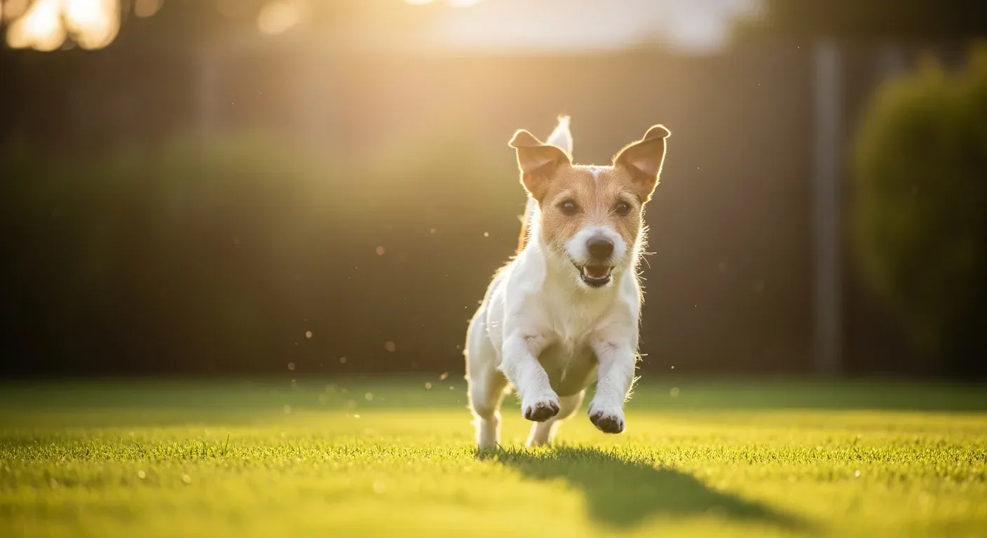 Jack Russell Terrier running in Australian garden, active lifestyle