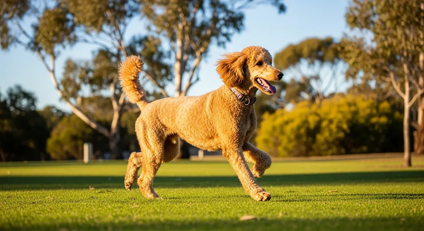Apricot Standard Poodle trotting on a green park lawn showing healthy joint mobility supported by daily supplements