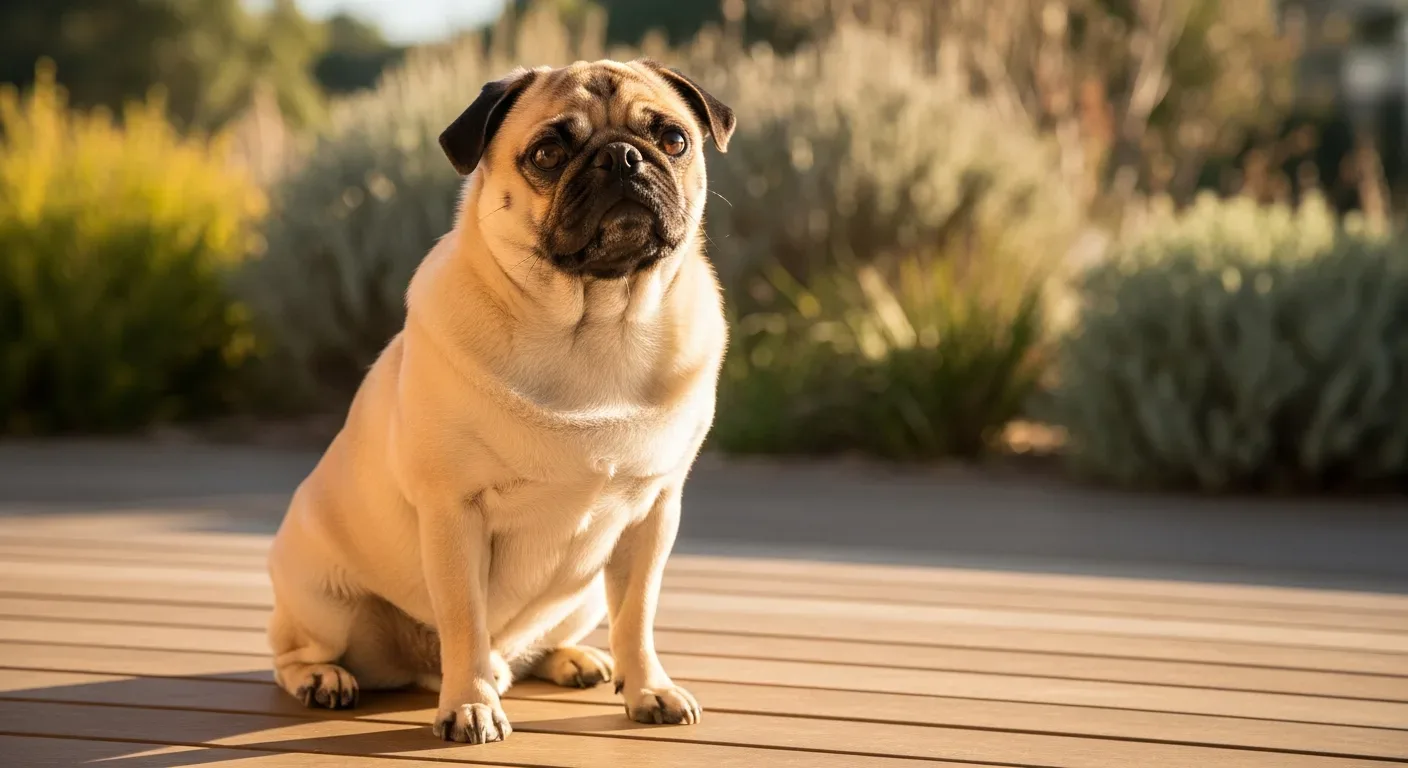 Pug sitting alert on a sunny Australian verandah, calm and curious expression illustrating daily calming routine