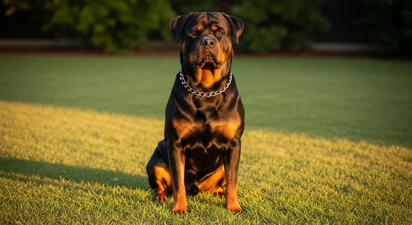 Healthy Rottweiler sitting attentively on lawn in Australian backyard, golden afternoon light