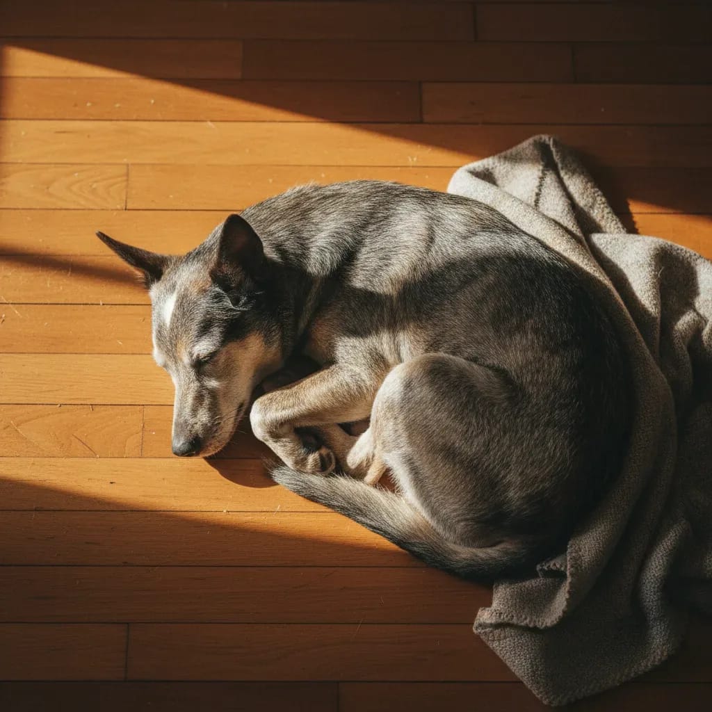 Senior kelpie resting peacefully, illustrating comfortable aging with proper supplement support